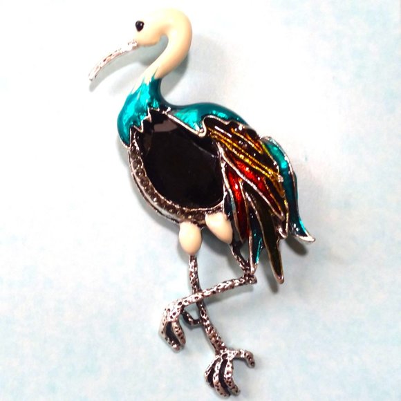 Bird Brooch Enamel Crane Herron Pin Colorful Rhinestone Unique Stylish Glam Gift - Picture 1 of 3